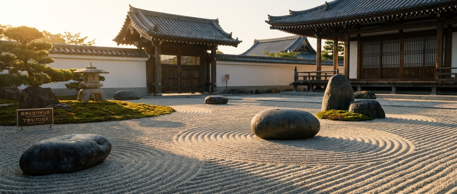 A serene Japanese zen garden with perfectly raked sand and smooth stones