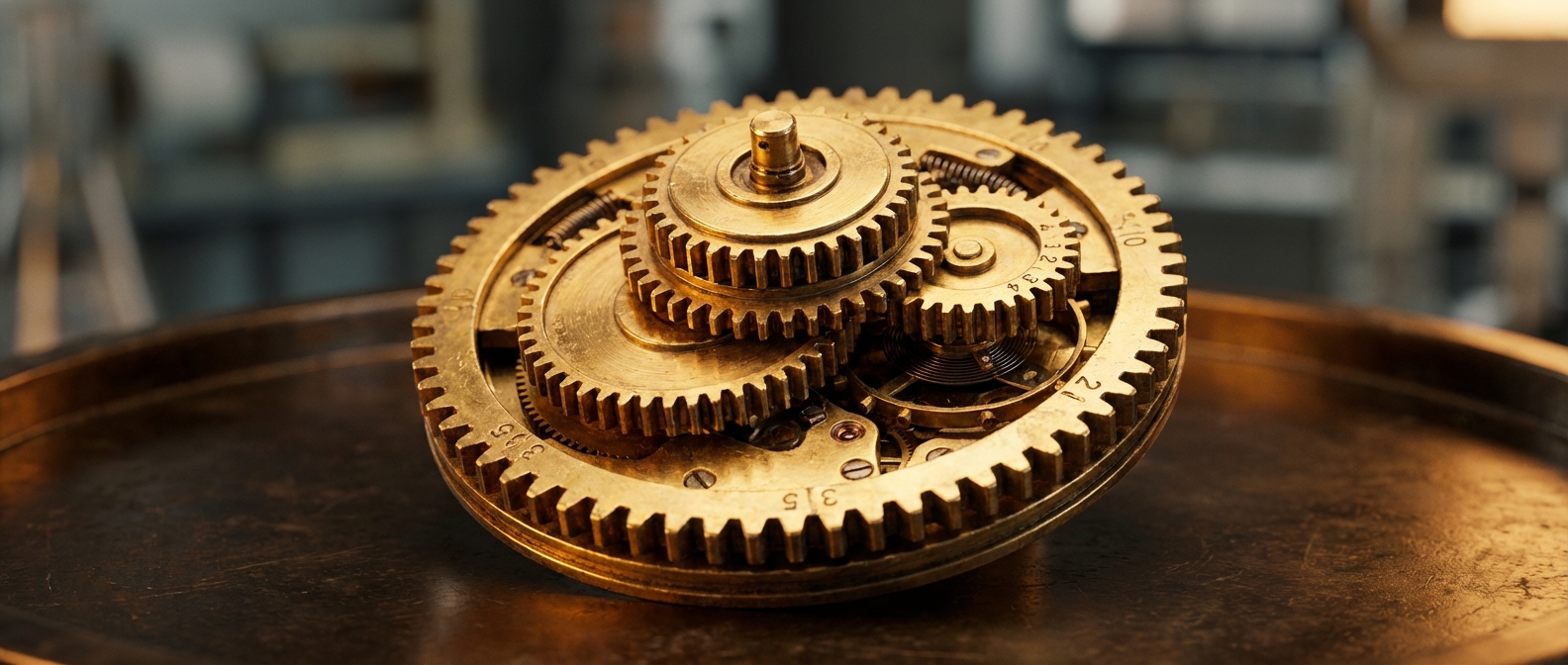 Eine Makroaufnahme eines antiken mechanischen Zahnradsystems aus Messing