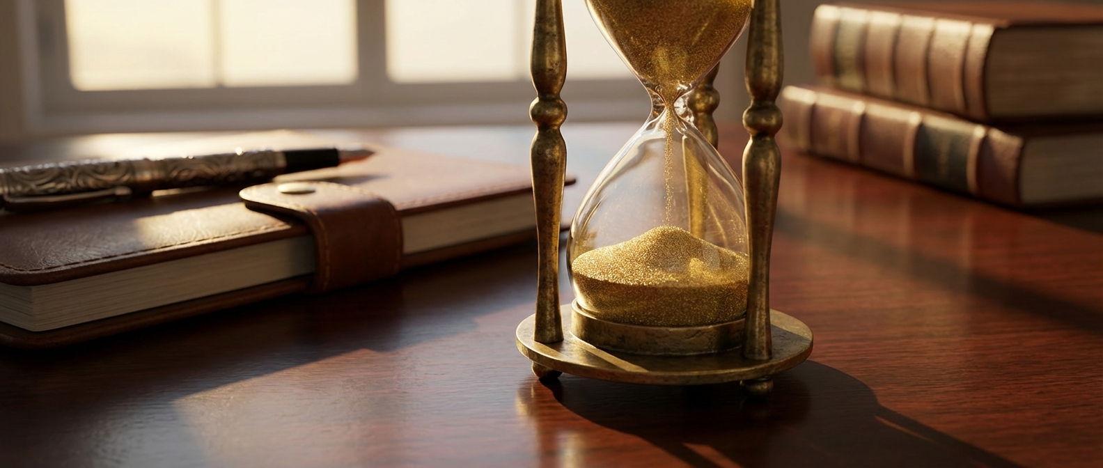 Eine aufwendige, antike Sanduhr mit fließendem goldenen Sand auf einem polierten Mahagonischreibtisch