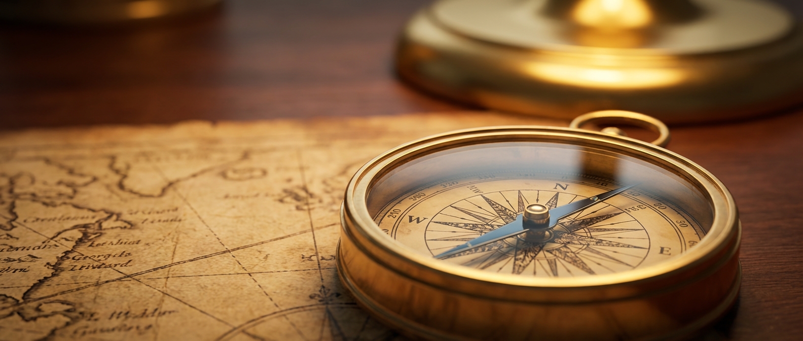 Ein klassischer Messingkompass auf einer detaillierten Karte, der die strategische Ausrichtung darstellt